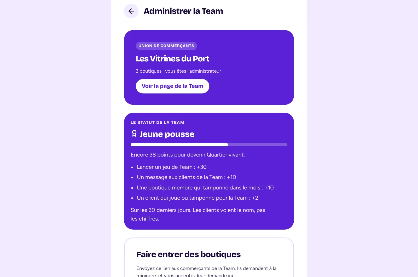 L’écran « Administrer la Team » de Gling : la Team, son statut et sa progression.