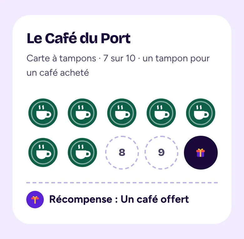 La carte à tampons d’un client dans Gling : Le Café du Port, 7 tampons sur 10, la récompense « Un café offert » à la dernière case.