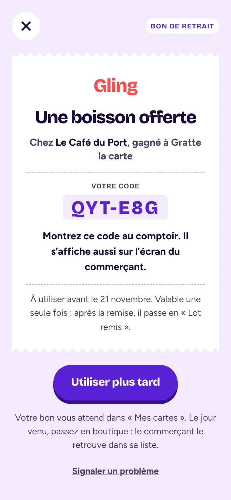 Un bon de retrait dans Gling : « Une boisson offerte » chez Le Café du Port, avec son code à montrer au comptoir.