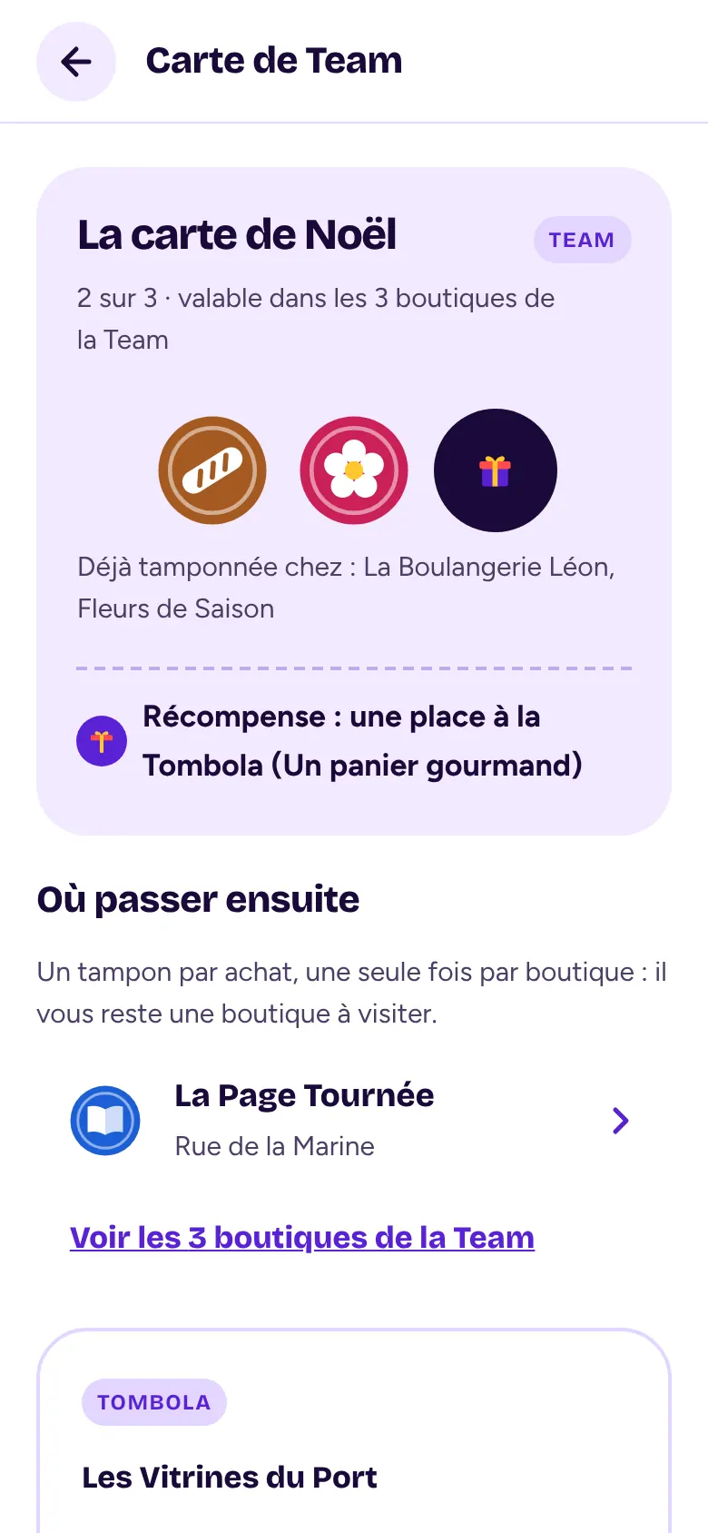 La carte de Team d’un client dans Gling : la carte de Noël, 2 tampons sur 3, la récompense et « Où passer ensuite ».