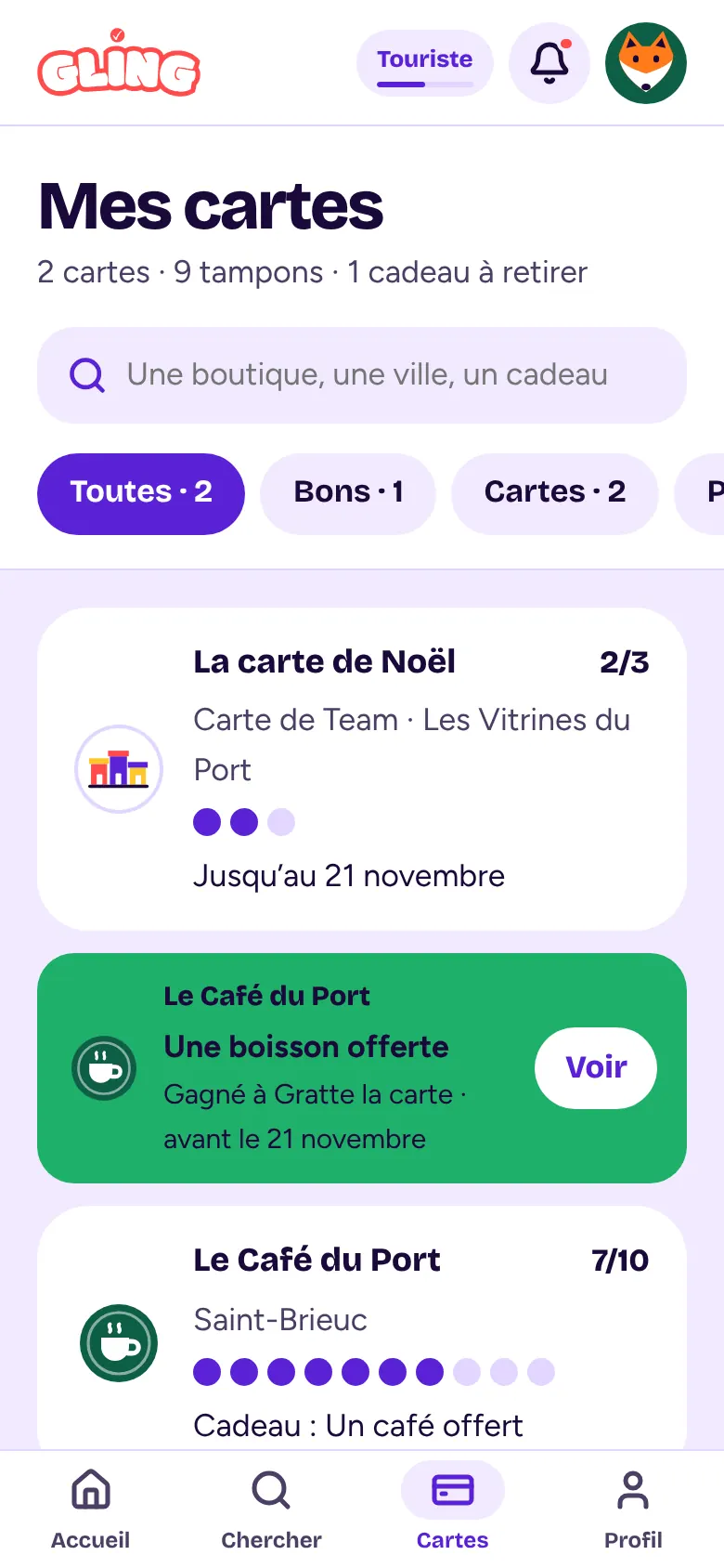 L’écran « Mes cartes » de Gling, avec une carte de Team, un bon et une carte à tampons.