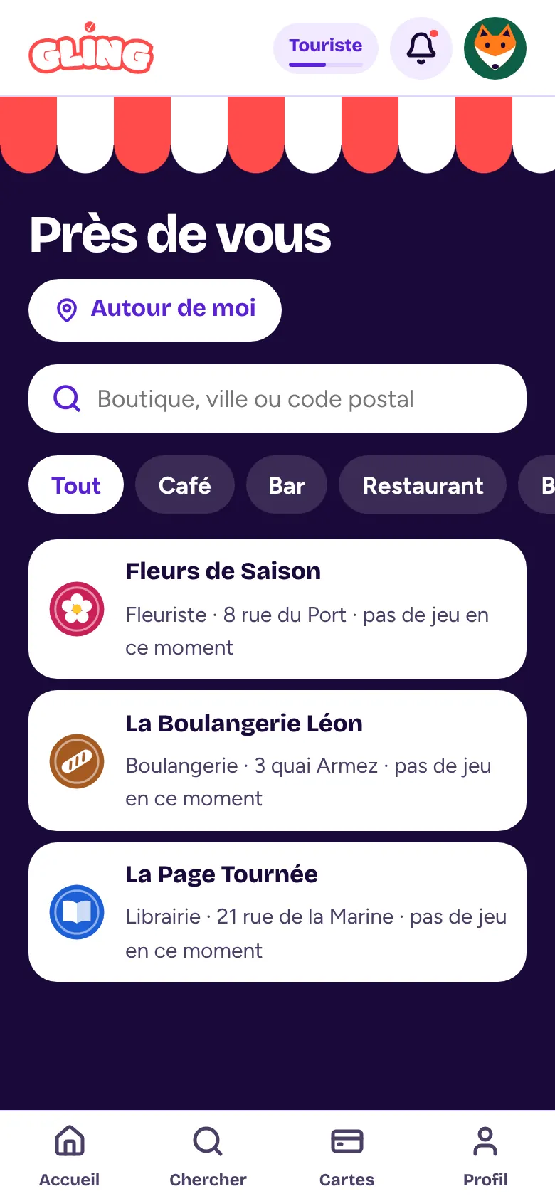 L’écran « Près de vous » de Gling : trois boutiques du quartier, une boulangerie, un fleuriste et une librairie.