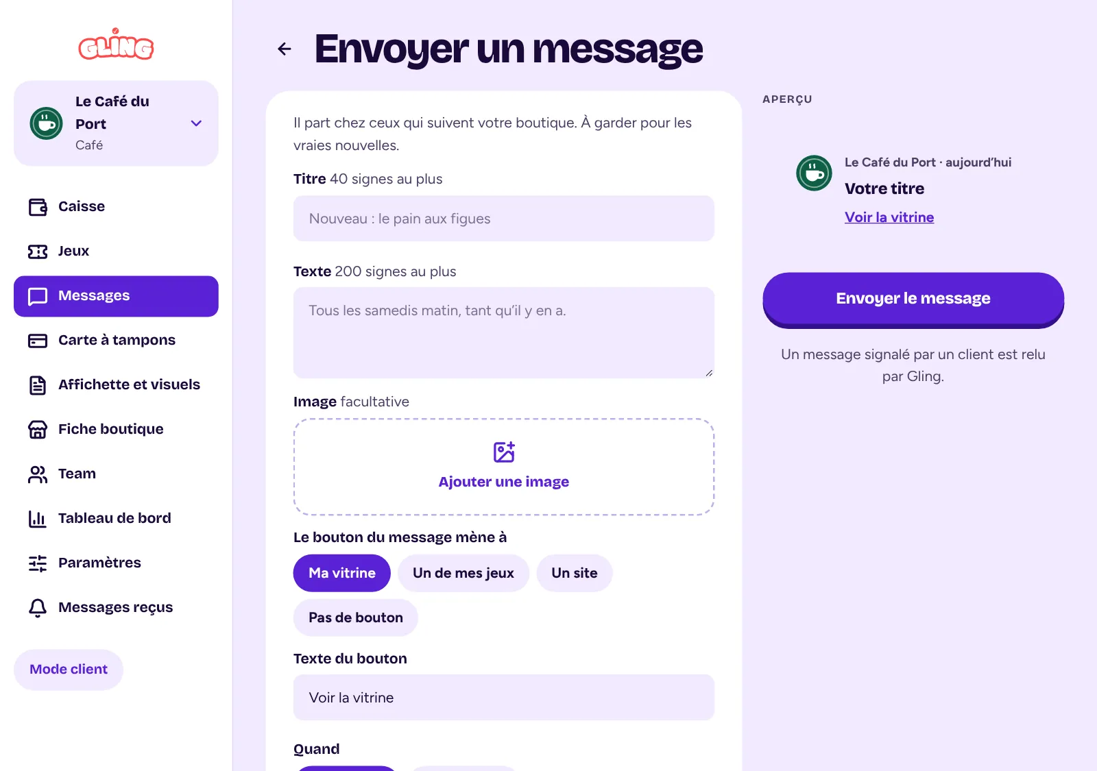 L’écran « Envoyer un message » de Gling : un titre, un texte, une image, le bouton du message et l’aperçu.