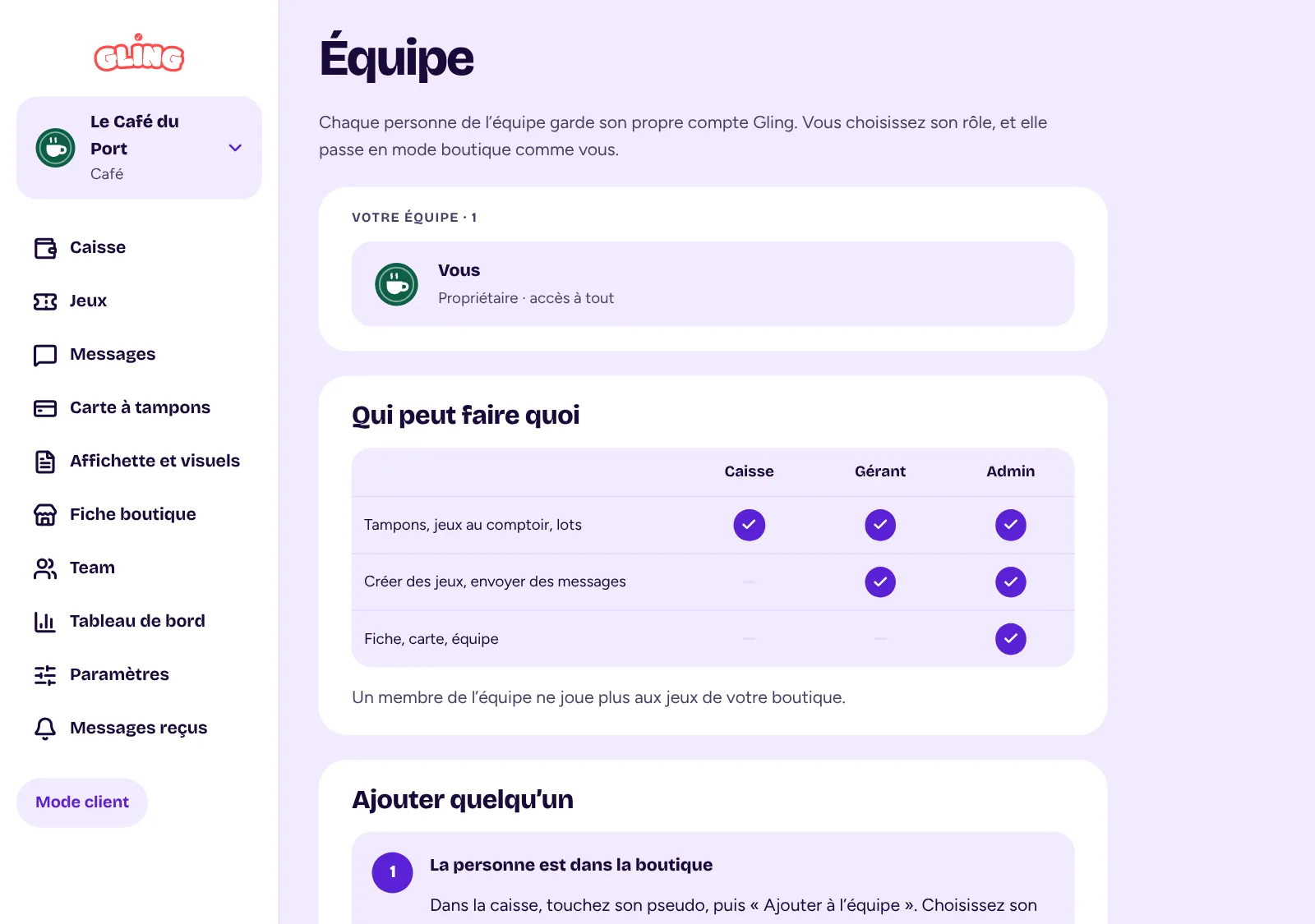 La page Équipe de Gling : le tableau des rôles Caisse, Gérant et Admin, et comment ajouter quelqu’un.
