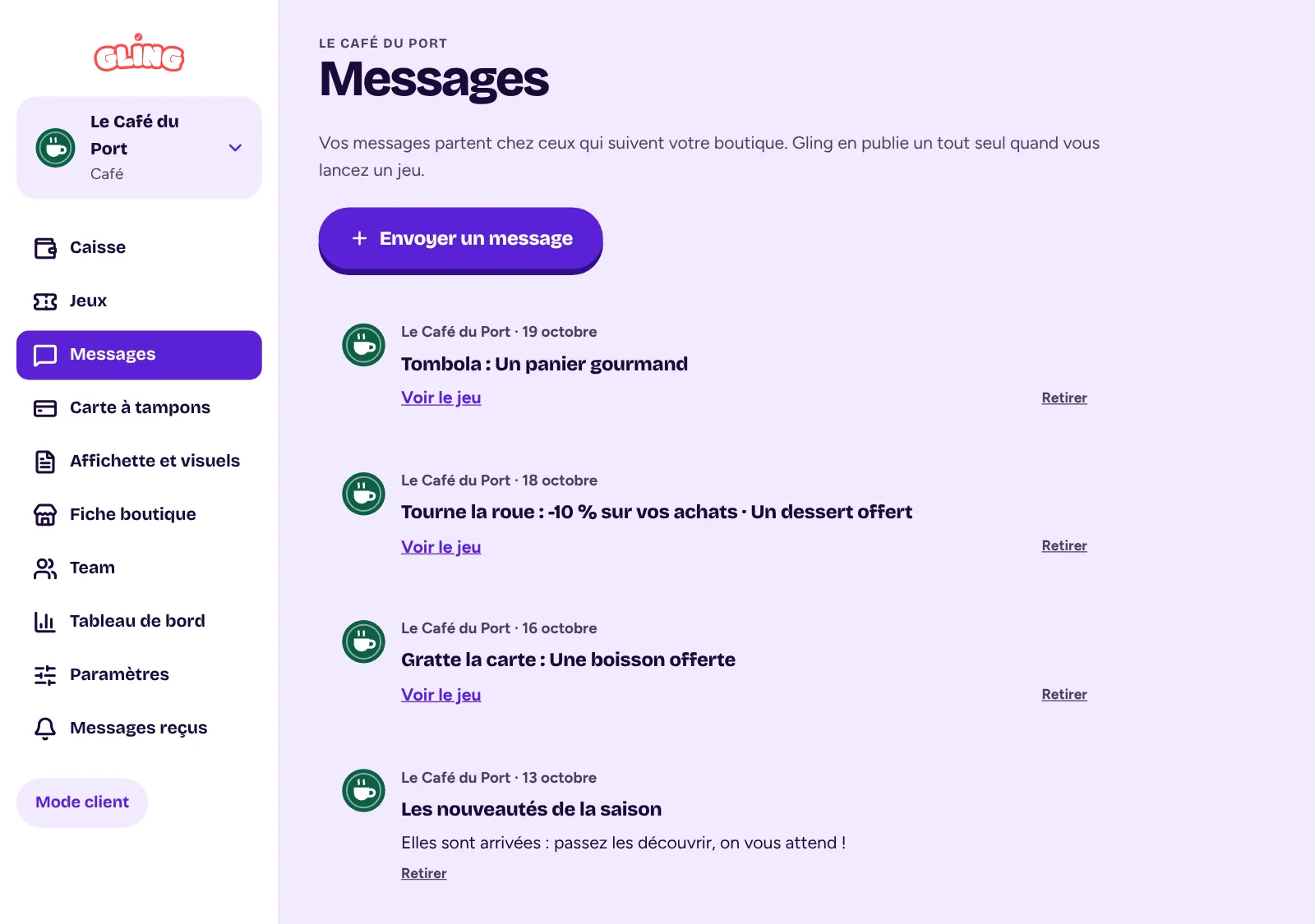 La liste des messages envoyés par une boutique dans Gling, avec les messages des jeux.